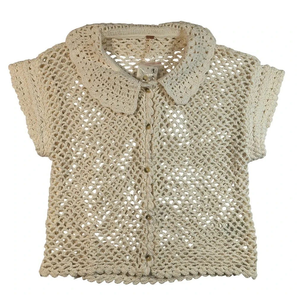 Free People Lily Crochet Top Coconut Milk Large NWT Cotton Open Knit Boho Blouse